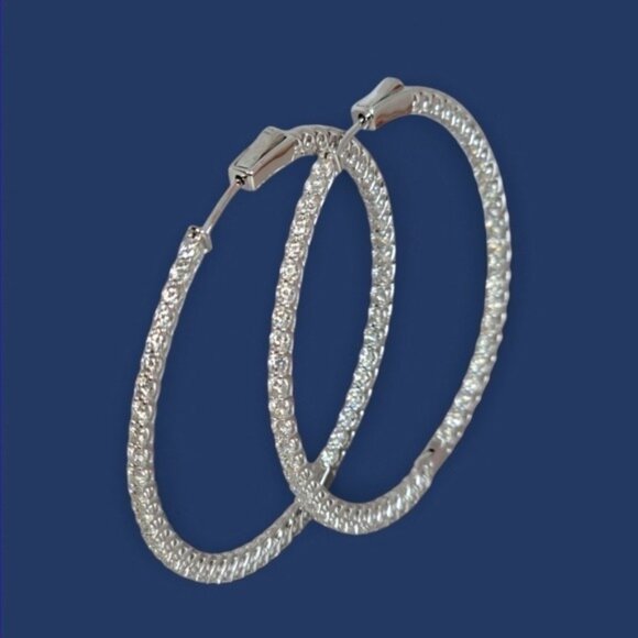 925 Sterling Silver Large Hoop Earrings 4.5cm with Genuine Moissanite Gemstone - Picture 2 of 12